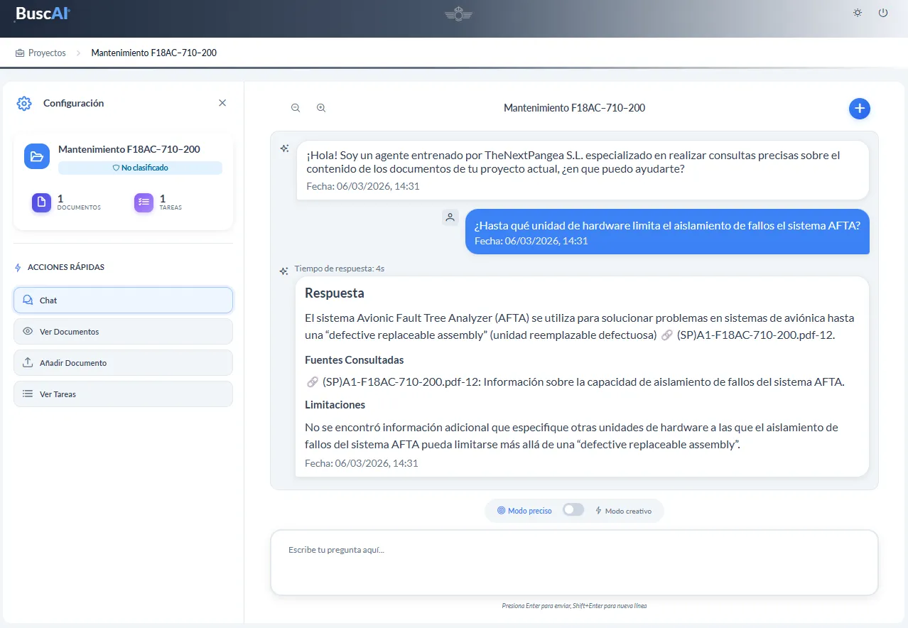 Interfaz de chat de BUSCAI respondiendo a una consulta técnica